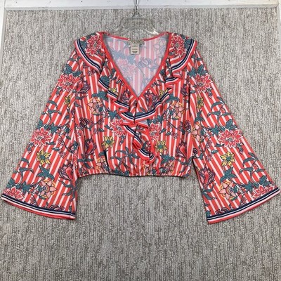 FLYING TOMATO Blouse Women L Retro Crop 3/4 Bell Sleeve Floral Whimsical Fairy