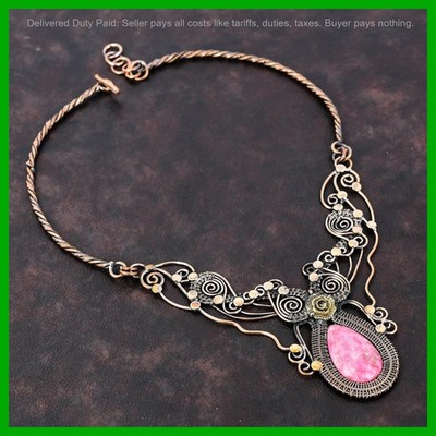 Copper Pear Thulite Gemstone Chain Sister Wire Wrapped Flower Necklace Jewelry