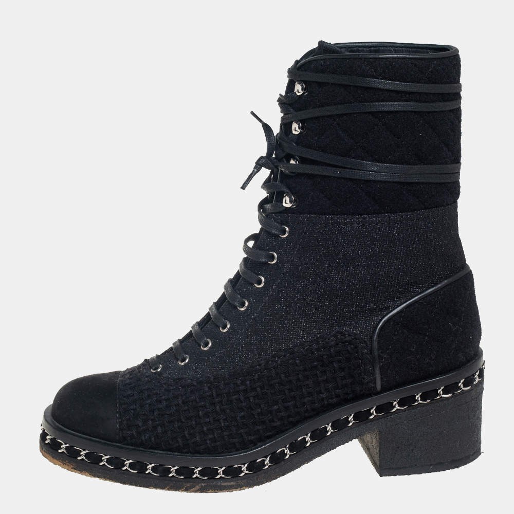 Chanel Black Tweed And Suede Combat Boots Size 39 image 2