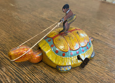 Vintage Wind Up Tin Litho Toy Native Riding Turtle J. Chein Made in USA 1940s