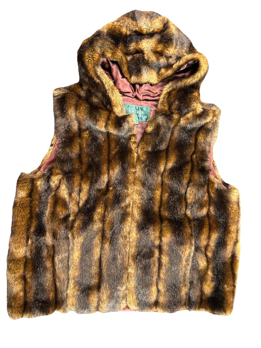 RALPH LAUREN - ダウンベスト/ファー付き/ブラウン/Lサイズ Lauren Ralph Lauren Faux Fur Hooded Vest Brown Fancy Dressy Size