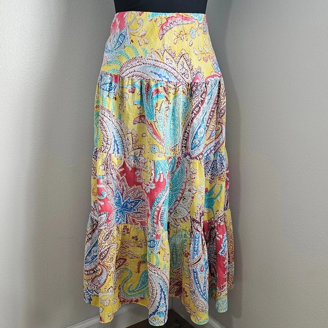 NWT Lauren Ralph Lauren WOMAN 100% Linen Paisley Tiered Maxi Skirt 1X