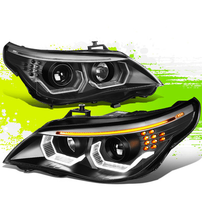 LED DRL U-Halo Projector Headlights for BMW 5-Series E60 04-07 Black Left+Right