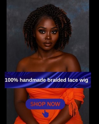 Braided Wig Short Kinky Twists Bob Full Lace Glueless Brown Handmade 6.5 