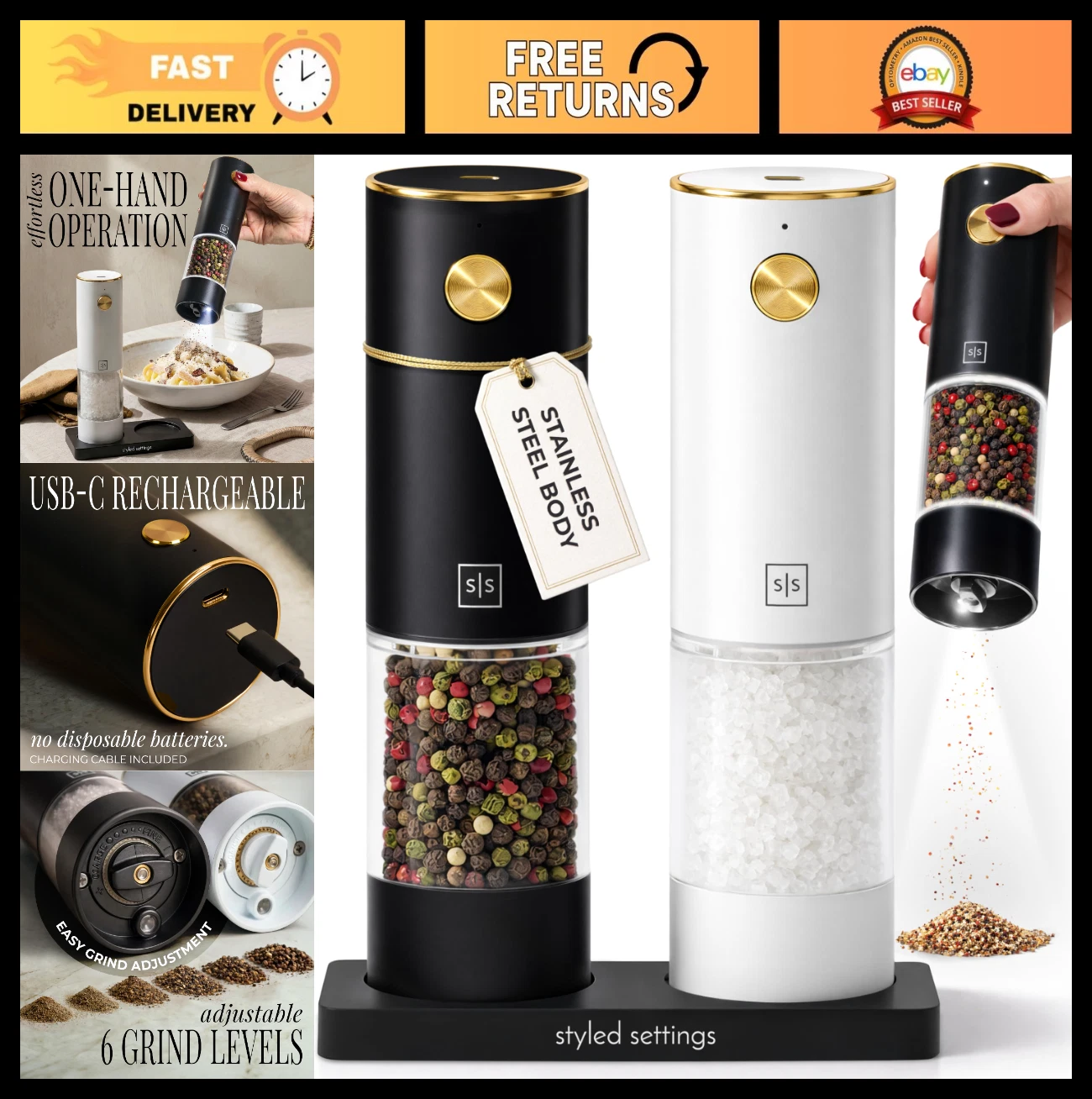 Rechargeable Electric Salt & Pepper Grinder Set - Stainless Steel, USB-C, LED Li