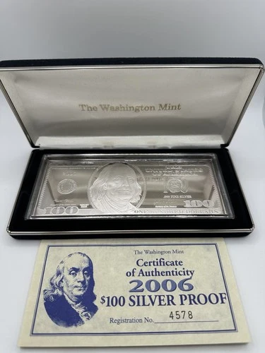 4 Oz Silver Bar $100 Bill Proof .999 2006 Franklin Note