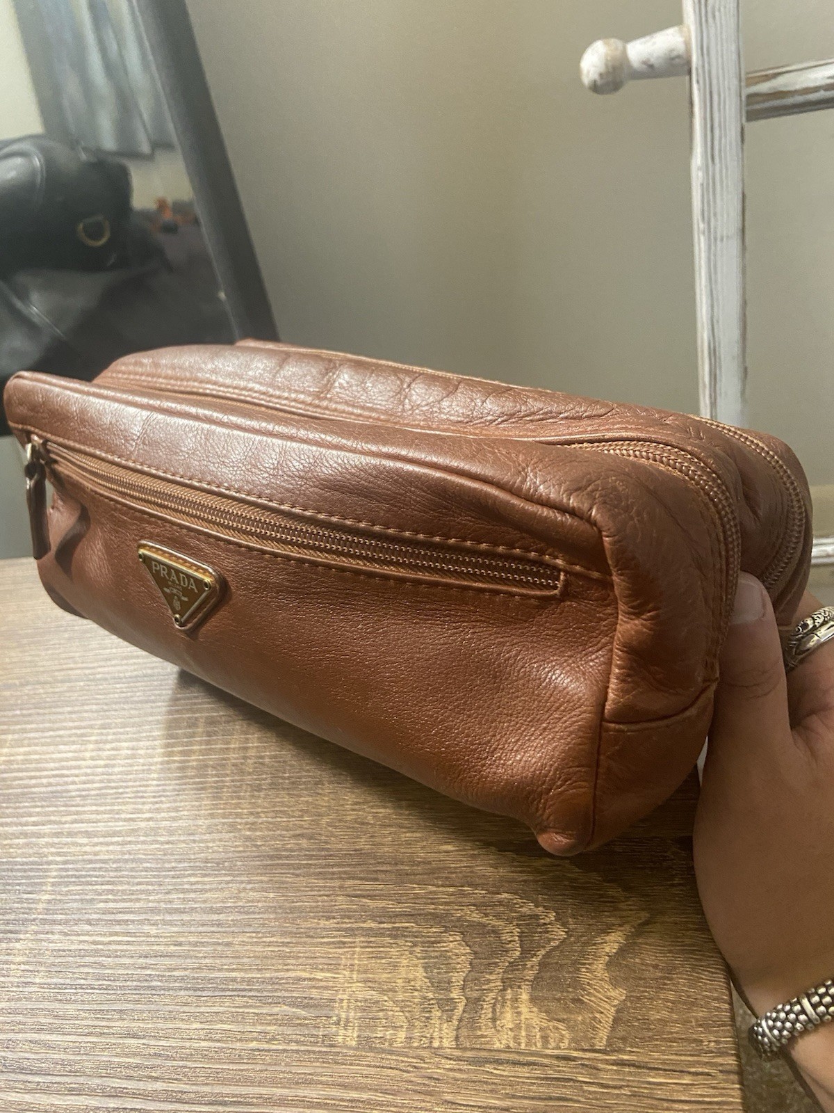 Prada Brown Leather Large Nylon Lined Vanity Dual… - image 4