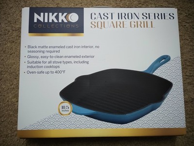 NEW! Nikko Collections 10.5'' Square Cast Iron Grill Fry Pan, Blue Enamel