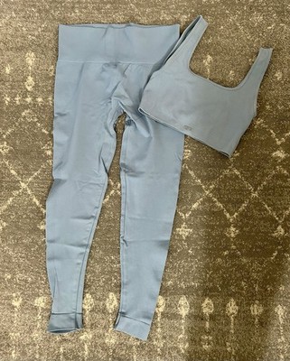 SET Active Sky Blue Ribbed Sports Bra Medium High-Waisted Leggings Large Women s