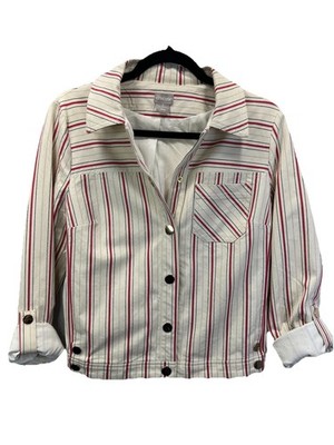 Chico s Striped Stretch Jacket Size O US 4/6 Gold Snap Buttons Roll Tab Sleeves