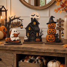 3pc Halloween Decor Set Haunted House Ghost Pumpkin Tabletop Statue Centerpiece