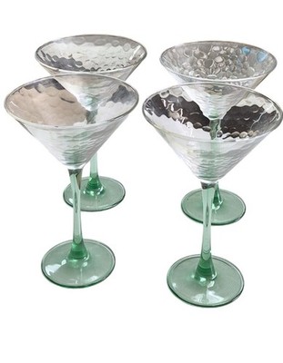 Hammered Honeycomb Martini Glasses Set 4 Green Stems Cocktail Cosmo Barware
