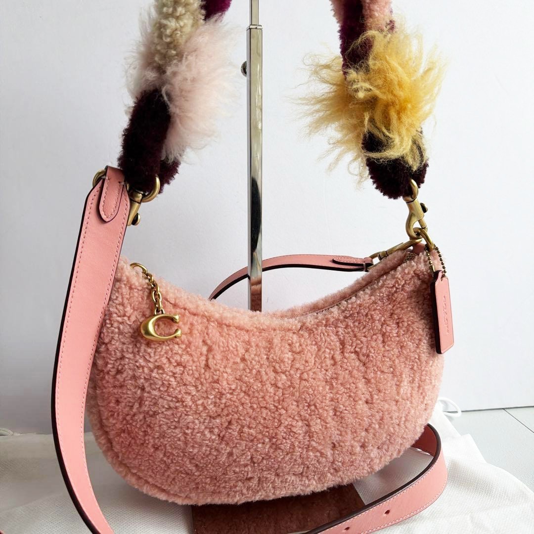 COACH Mira Shearling Shoulder Bag Pink Fur 2Way Crossbody Moon