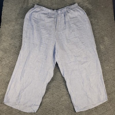 Flax Pants Womens 3G Blue Check Linen Pull On Elastic Waist Relaxed Wide Leg