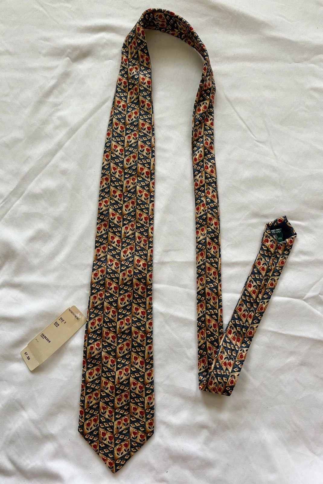 NWT Bolgheri vintage Nordstrom Silk Necktie Geometric Tulip Print Blue Red Gold image 1