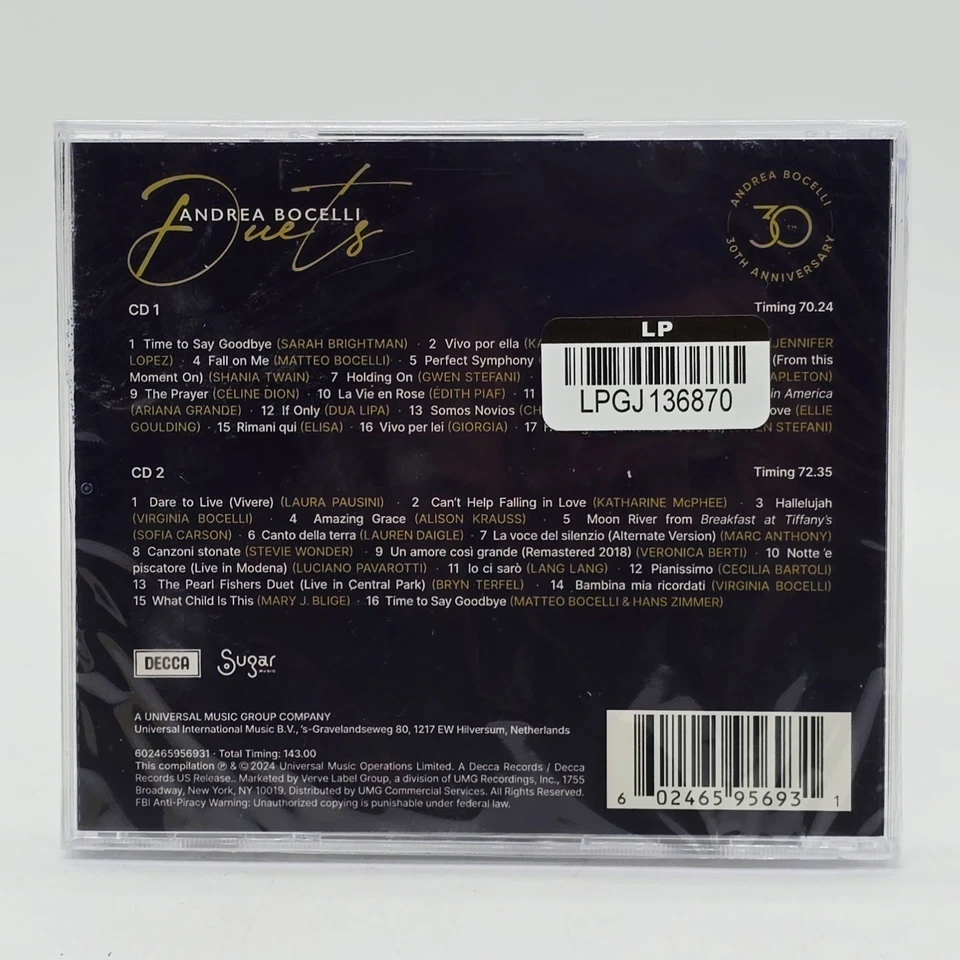 *Andrea Bocelli Duets CD 30th Anniversary issue w/2 Bonus Tracks - Sealed READ Foto 4 de 4