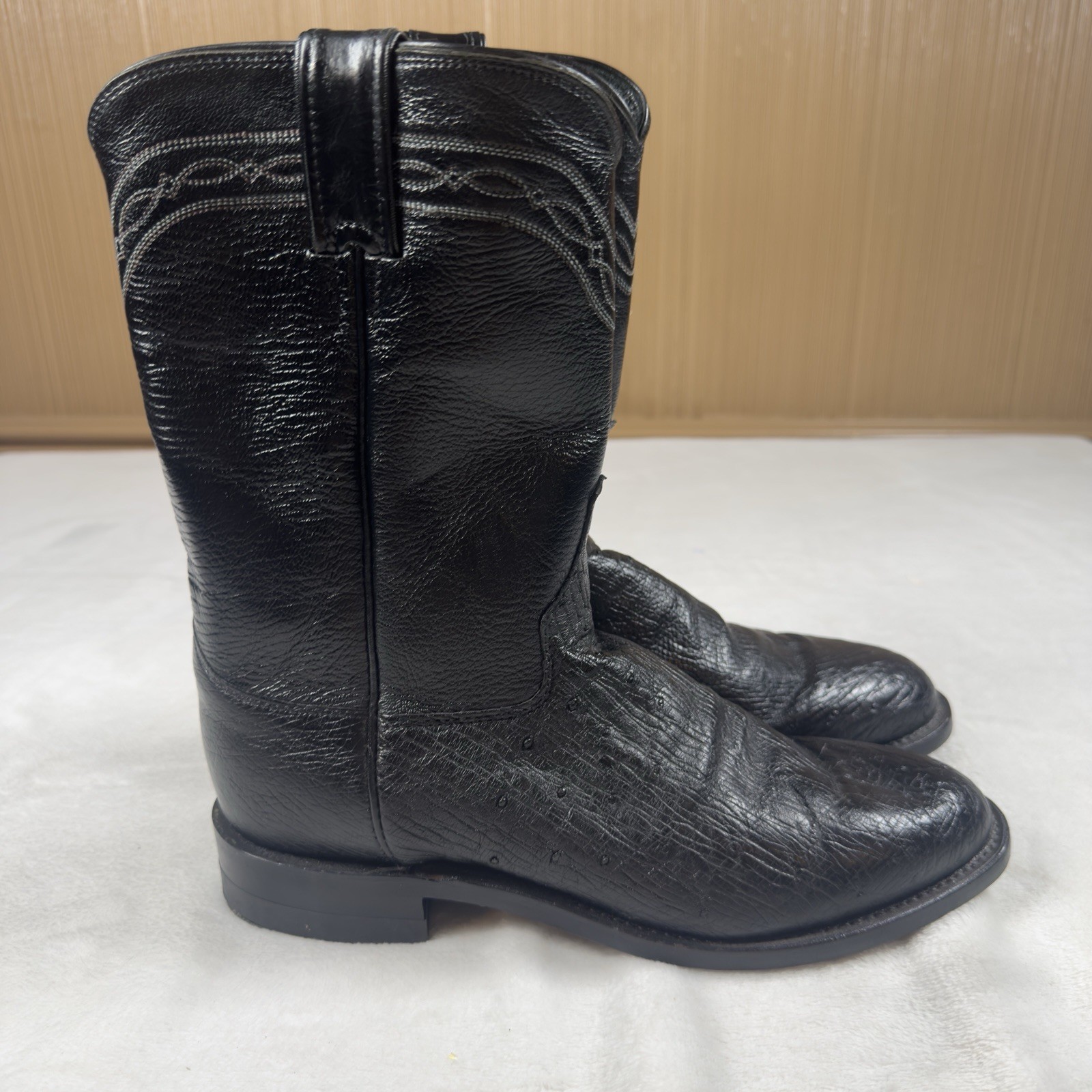 Justin Ostrich Leather Cowboy Boots Black Mens 7D USA Made Western