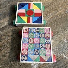 Wooden Blocks Alphabet  Shapes Colorful Pull Toys in Wooden Boxes NIP 30  24pc