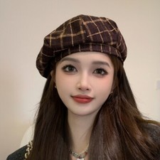 Women Retro Beret Hat Plaid Check Beanie Cap Classic Casual Party Daily Chic New