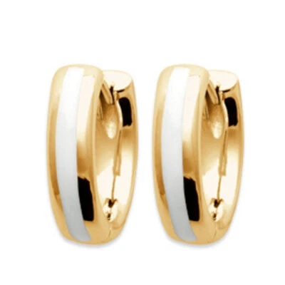 Boucles d'oreilles créoles émail blanc plaqué or 18 carats 750/000 garanti - Photo 1/2