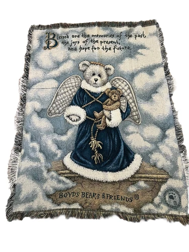 Large 2001 Boyds Bear Throw Blanket w Angel "Blessed are Memories"