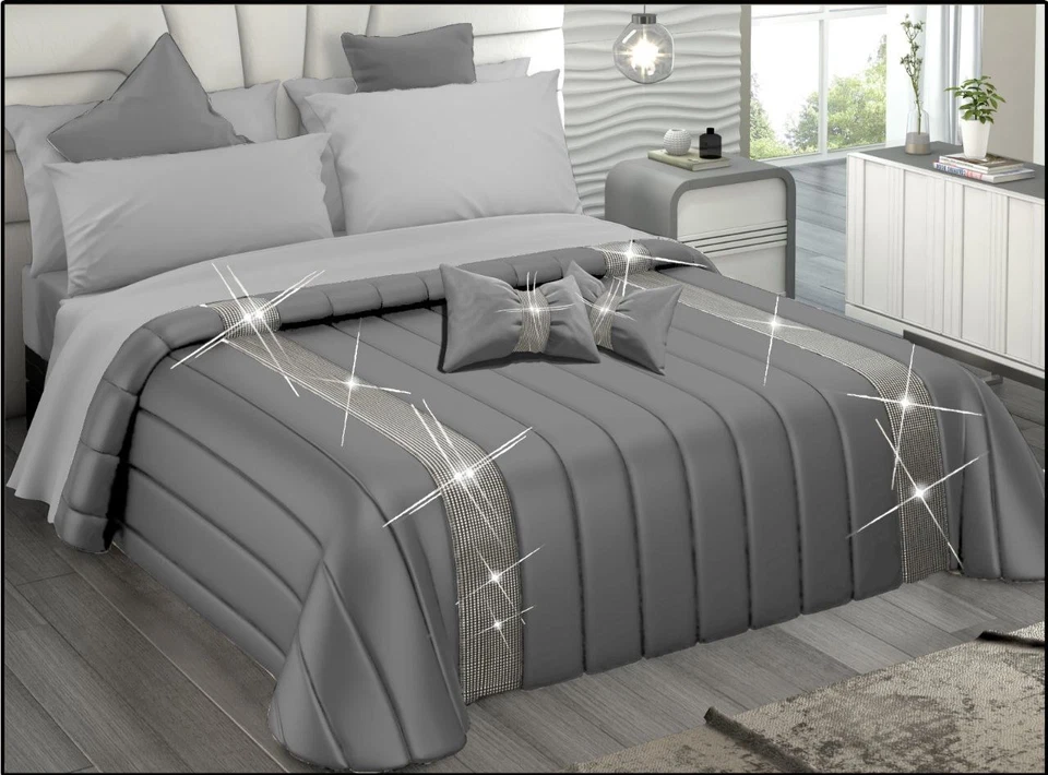 Trapunta Piumone Charro Letto Matrimoniale Con Doppia Balza Swarovski+2 Cuscini - Immagine 2 di 3