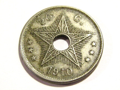 1910 Belgium Congo 20 Centimes Old Coin