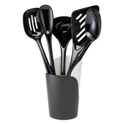 Gourmac Melamine 6pc Utensils & Crock, Black (3106-5BK)