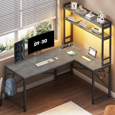 L Shaped Computer Desk, 45.3" Small Office Desk with Hutch, LED Lights and Hooks