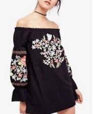 FREE PEOPLE FLEUR DU JOUR OFF-THE-SHOULDER COTTON-TWILL MINI DRESS IN BLACK SZ M