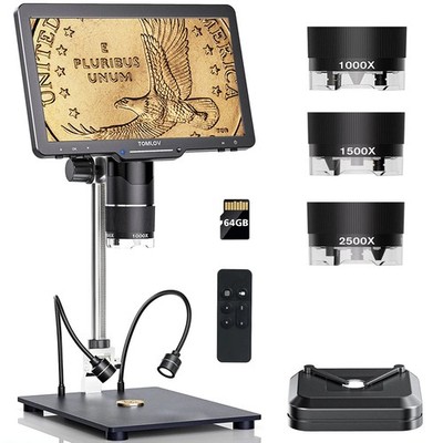 TOMLOV 10.1'' 3 Lens 2K HDMI Digital Microscope 2500X Coin Microscope Magnifier
