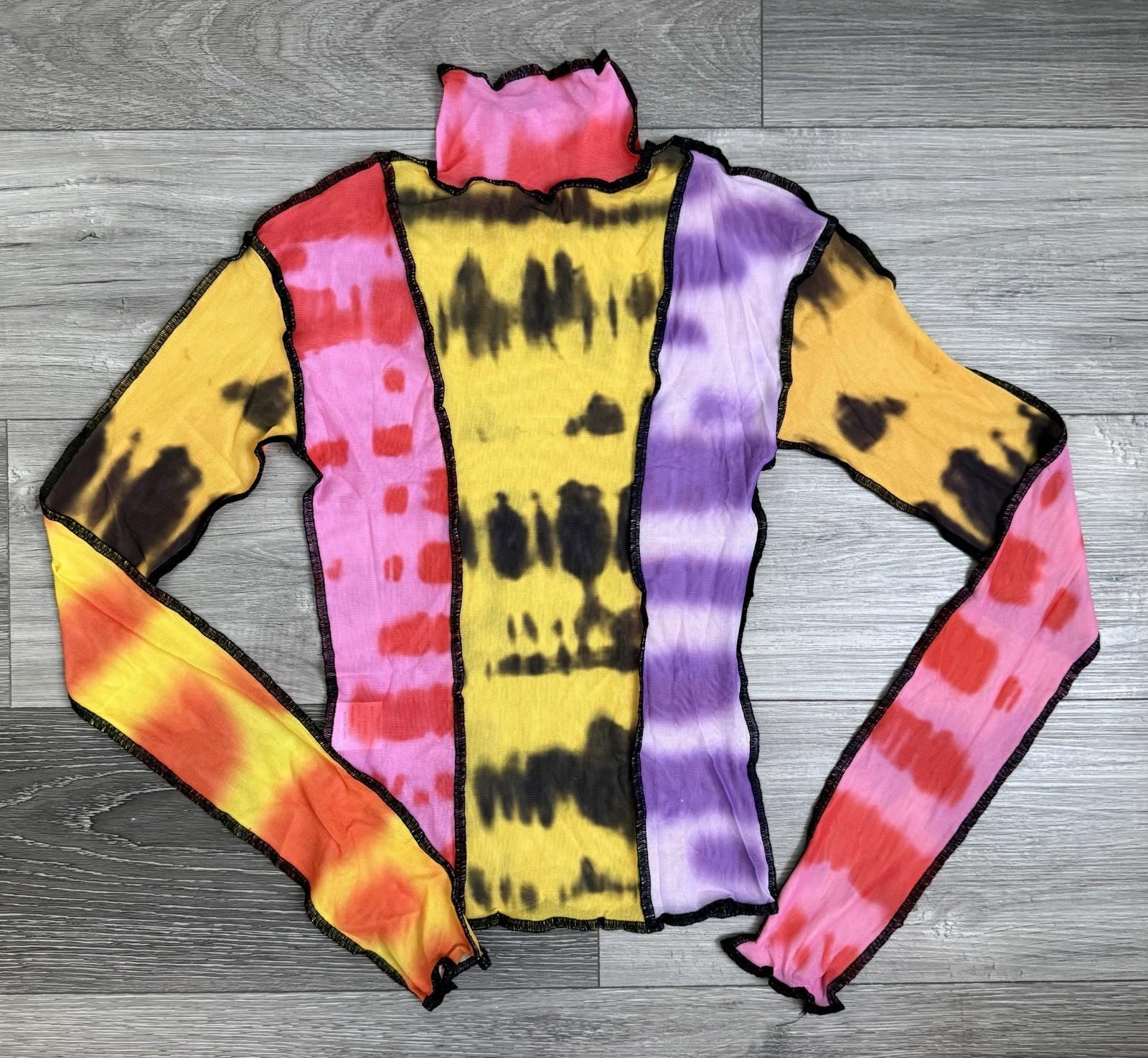 Colorful Tie Dye Mesh Mock Neck Long Sleeve Top with Ruffle Women Size S