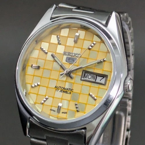 Seiko Automatic Watch 6309A Vintage 70s Yellow Dial Stainless Steel Band
