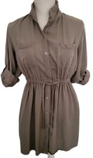 Womens Sz M Clay Colored Roll Tab Sleeve Shirt Dress Pockets Minimalist