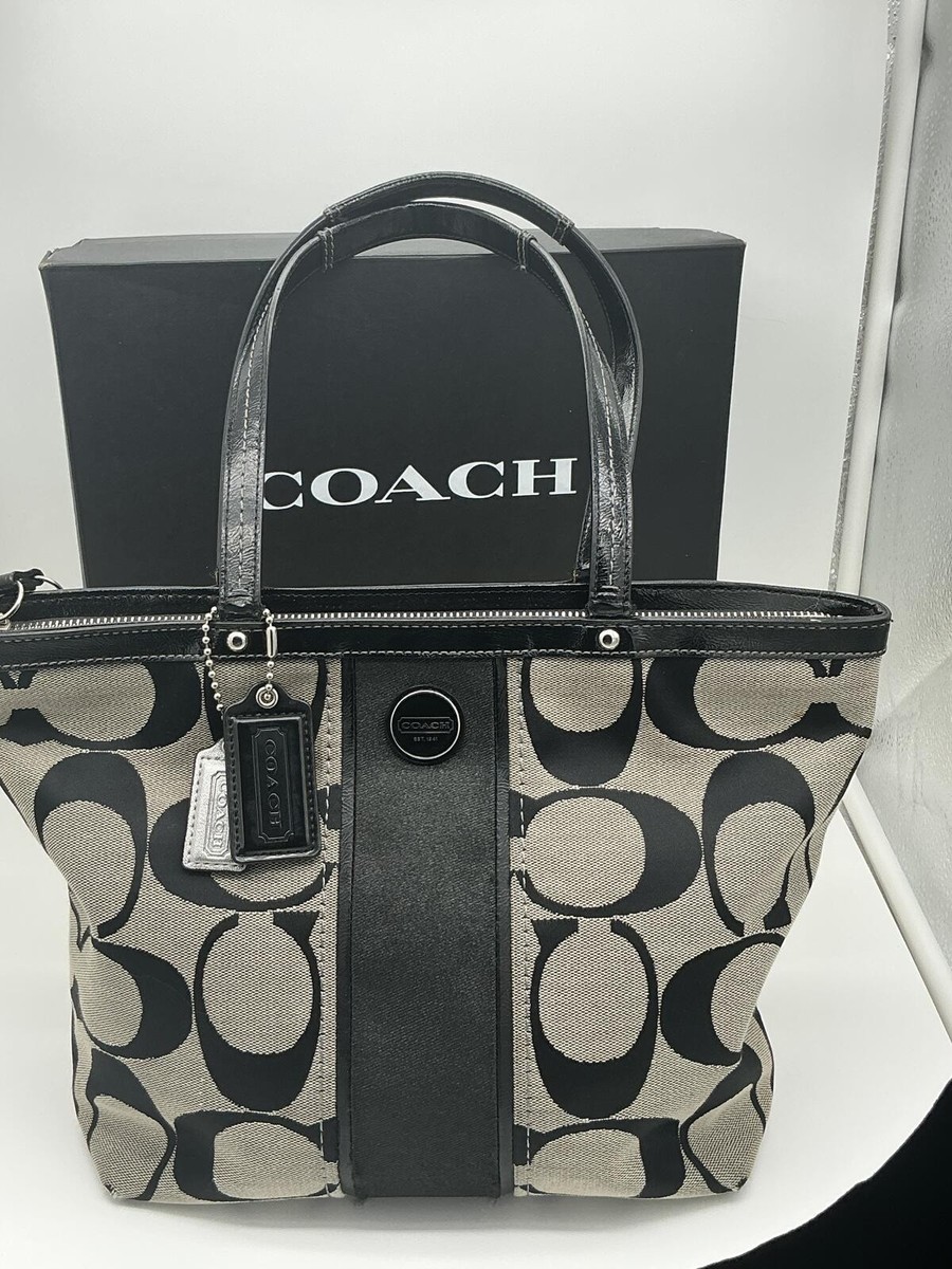 Classic Coach Signature Tote Bag Black Beige Canvas Leather Zip