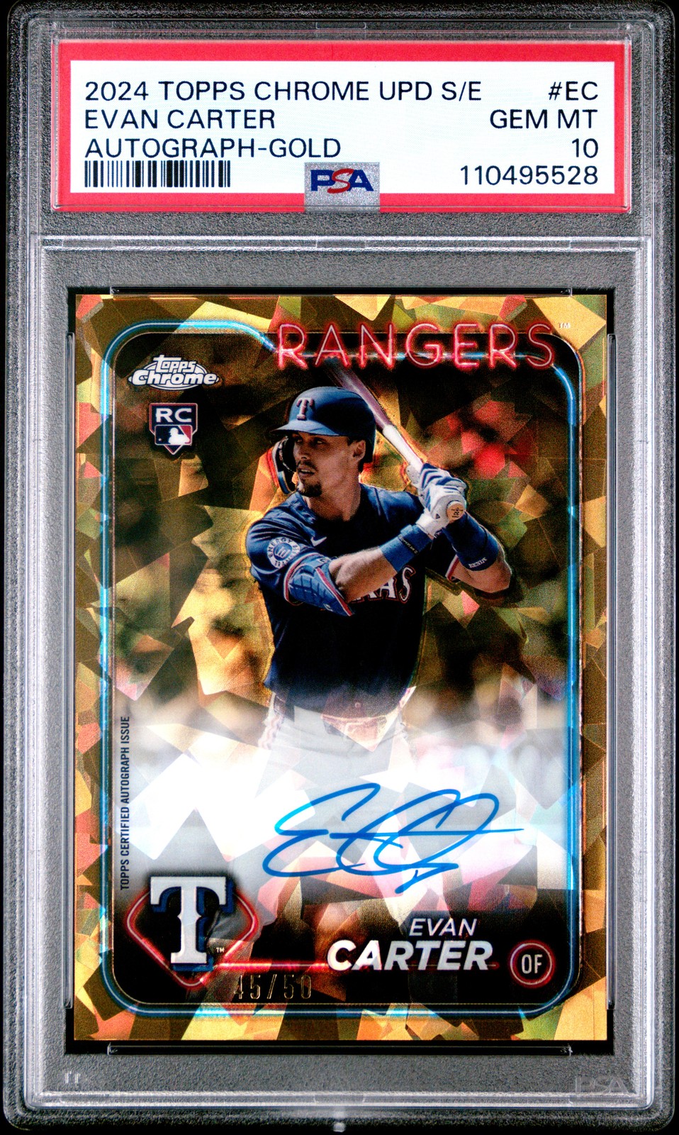 2024 TOPPS CHROME SAPPHIRE UPDATE AUTO GOLD #EC EVAN CARTER RC 45/50 PSA 10