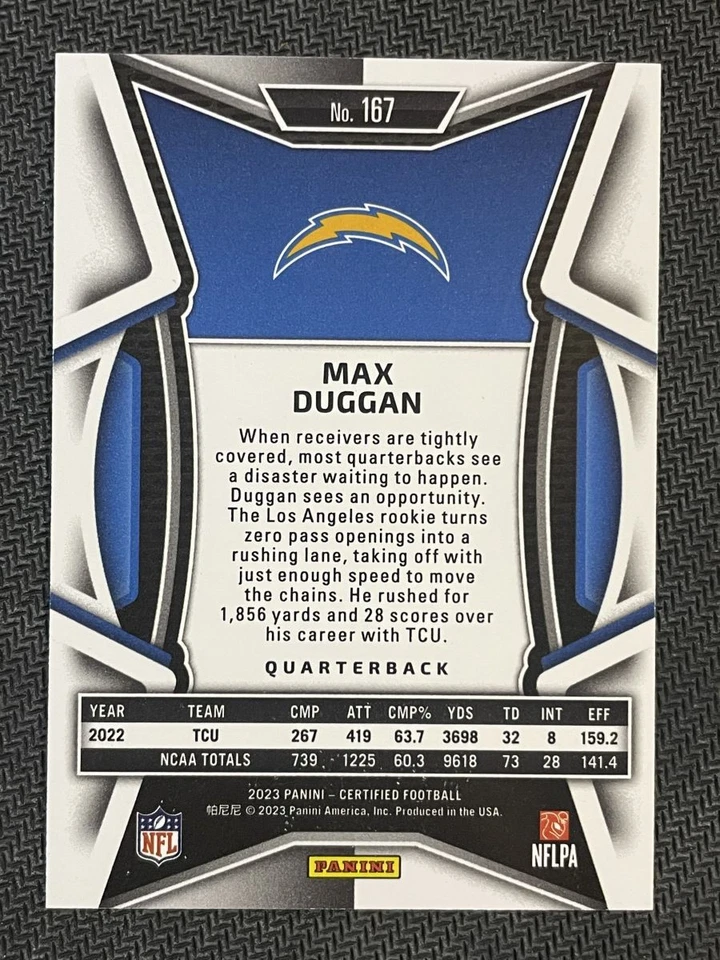 2023 PANINI CERTIFIED FOOTBALL CHARGERS QB MAX DUGGAN /199 PINK HOLO - Image 3 of 3