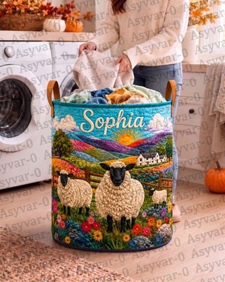 Personalized Sheep Quilted Laundry Basket Custom Name Farmhouse Hamper Gift