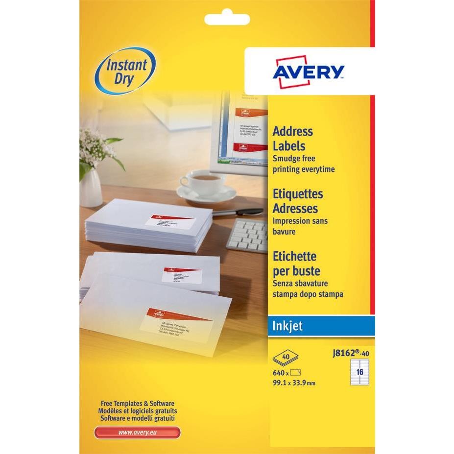Étiquettes Avery J8162-40 anti-bavure pour impression jet d'encre blanche haute définition