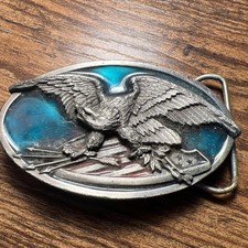 Vintage Bergamot Brassworks Belt Buckle Eagle W/Arrows Silver/Teal 0-146 USA1983