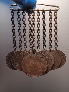 Vintage Antique Safety Pin Brooch With Dangling Rows Of Bolivian & Chilean Coins
