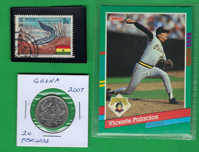 GHANA 20 PESEWAS 2007 COIN (VERY FINE) & STAMP ~ LOT # 137 (*-*) + SPORTS CARD