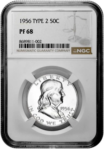 1956 Type 2 50C Proof Silver Franklin Half Dollar NGC Graded PF 68 in New Holder