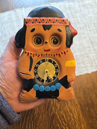 Vintage Mi-ken Wind-up Moving Eyes Pendulum Clock INDIAN BOY - Picture 12 of 14