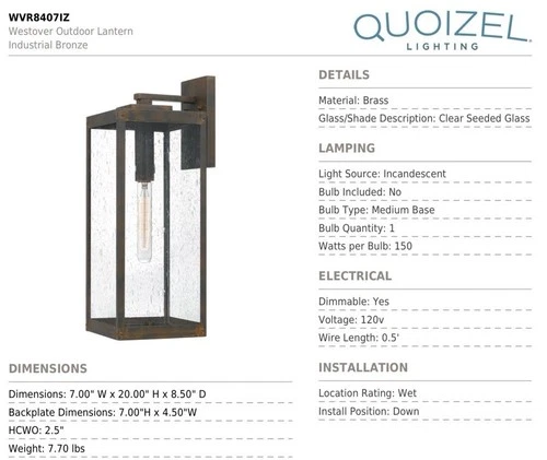 Quoizel WVR8407 Black Westover Single Light 20"H Outdoor Wall Sconce - Picture 8 of 9