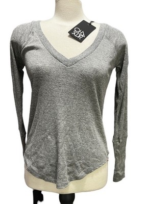 Chaser V Neck Ribbed Long Sleeve Round Hem T Shirt Sz Small Womens Grey