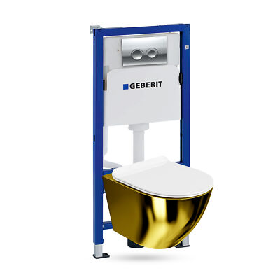 GEBERIT Duofix Vorwandelement + Wand WC Sofi Slim Gold/Weiß + Knopf Delta 25 Set