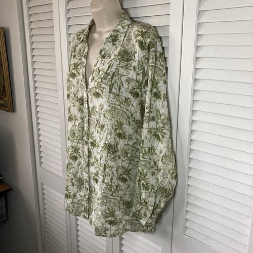 Rachel Zoe 100% Linen Ivory & Green Lions & Tigers Tropical Print Blouse XL - Picture 4 of 9
