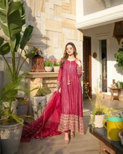 Latest Pure Faux Georgette Red Top And Bottom With Dupatta For Reception Wear