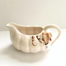 Pier 1 Hand Painted Stoneware Autumn Leaves Ribbed Handled Gravy Boat Creamware